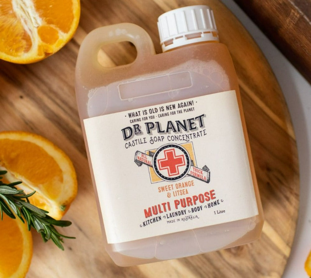 DR PLANET Castile Soap - Sweet Orange & Litsea Essential Oil Blend, 1 Liter | Natural Liquid Soap for Body, Face, Hair & Household Cleaning | Vegan, Cruelty-Free & Biodegradable