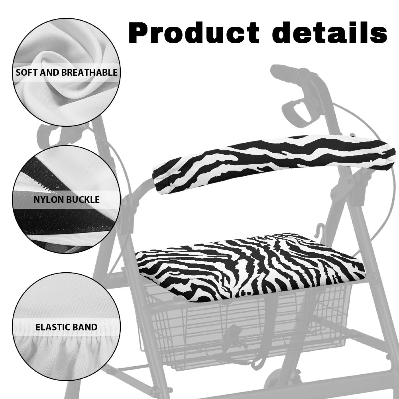 Universal Washable Walker Seat Cover with Backrest - Zebra Print Rollator Seat Cover for Seniors, Men & Women - Perfect for Indoor & Outdoor Mobility Support