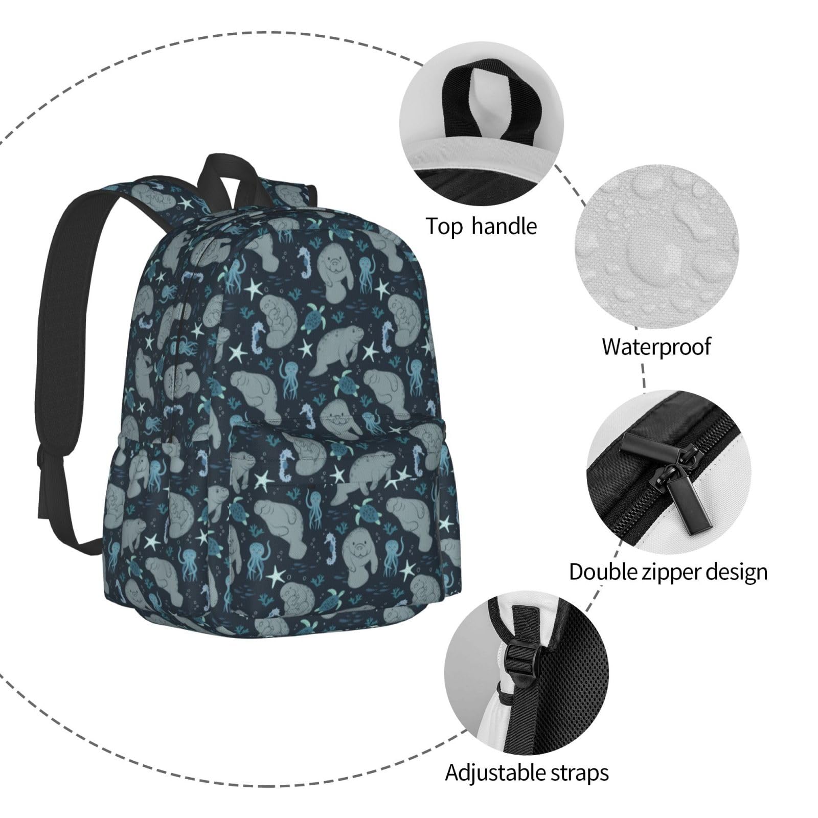 Manatees Travel Backpack for Women & Men - Waterproof Laptop Backpack for Work, School, Hiking & Camping - 17 Inch Computer Backpack with USB Charging Port - Perfect Carry-On Backpack for Travel, Commuting & Outdoor Adventures