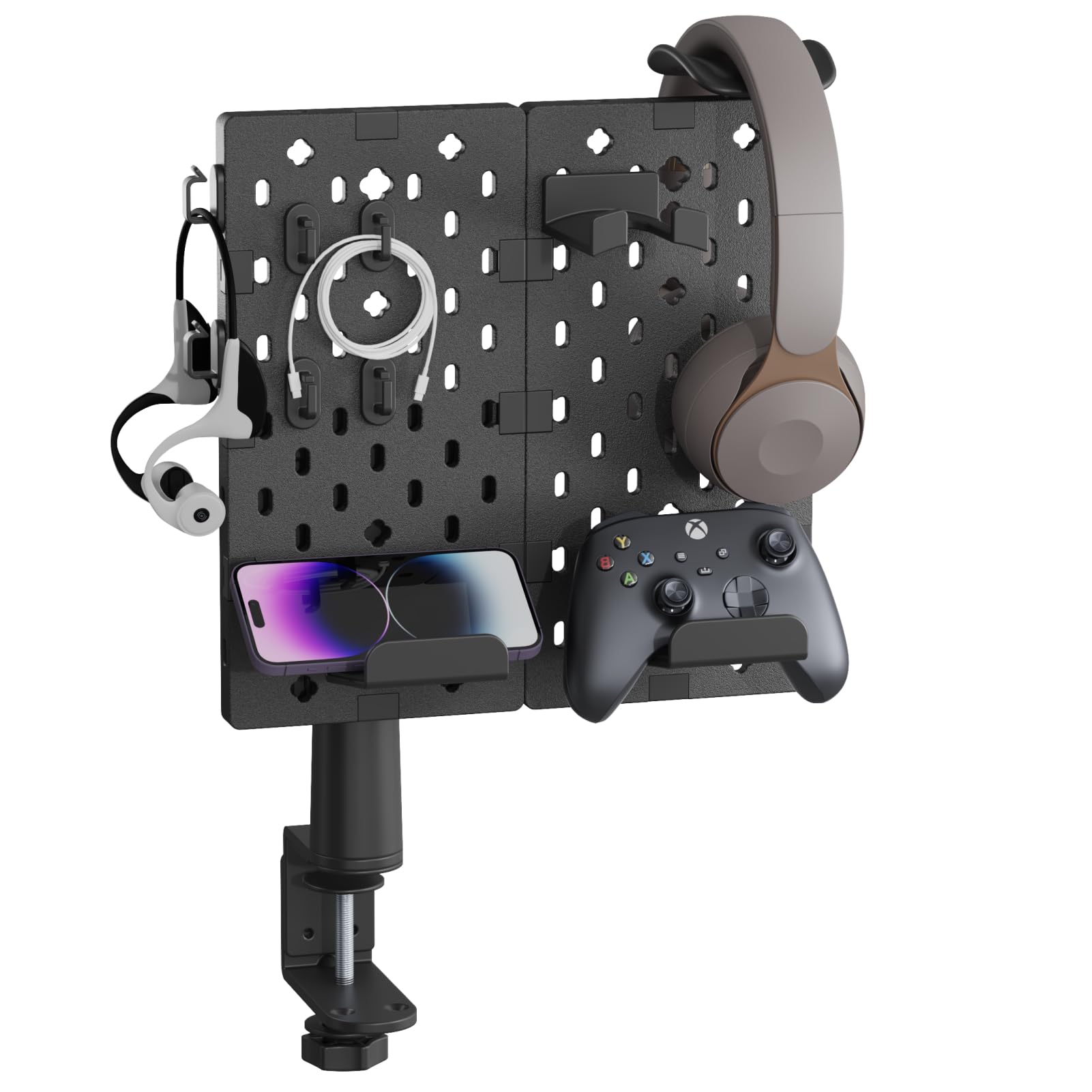 PEGZONE Rotating Gaming Headphone & Controller Holder - Modular Desk Organizer Stand for Xbox PS5 PS4 Nintendo Switch with Cable Hooks & 2 Pegboards (Black) - Perfect for Gaming Setup & Desk Organization