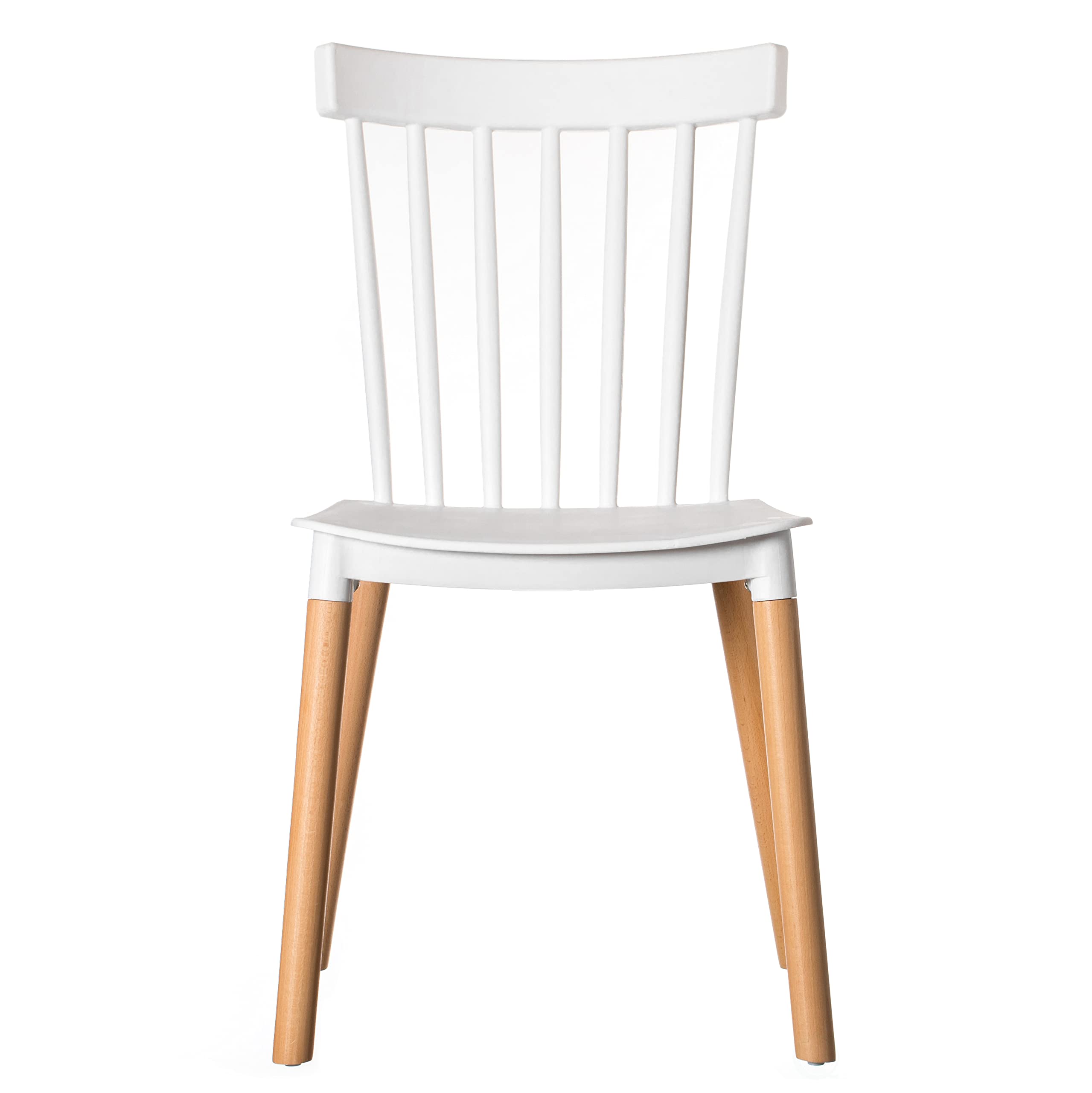 Fabulaxe Modern White Plastic Dining Chairs Set of 2 - Windsor Style with Beech Wood Legs for Kitchen, Dining Room, and Outdoor Patio Use