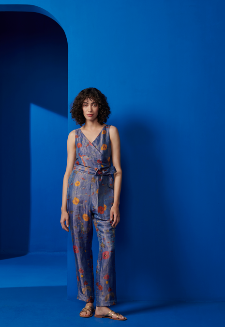 Elegant Overlap Jumpsuit in Silk Brocade Aqua Blue - Perfect for Evening Parties & Special Occasions