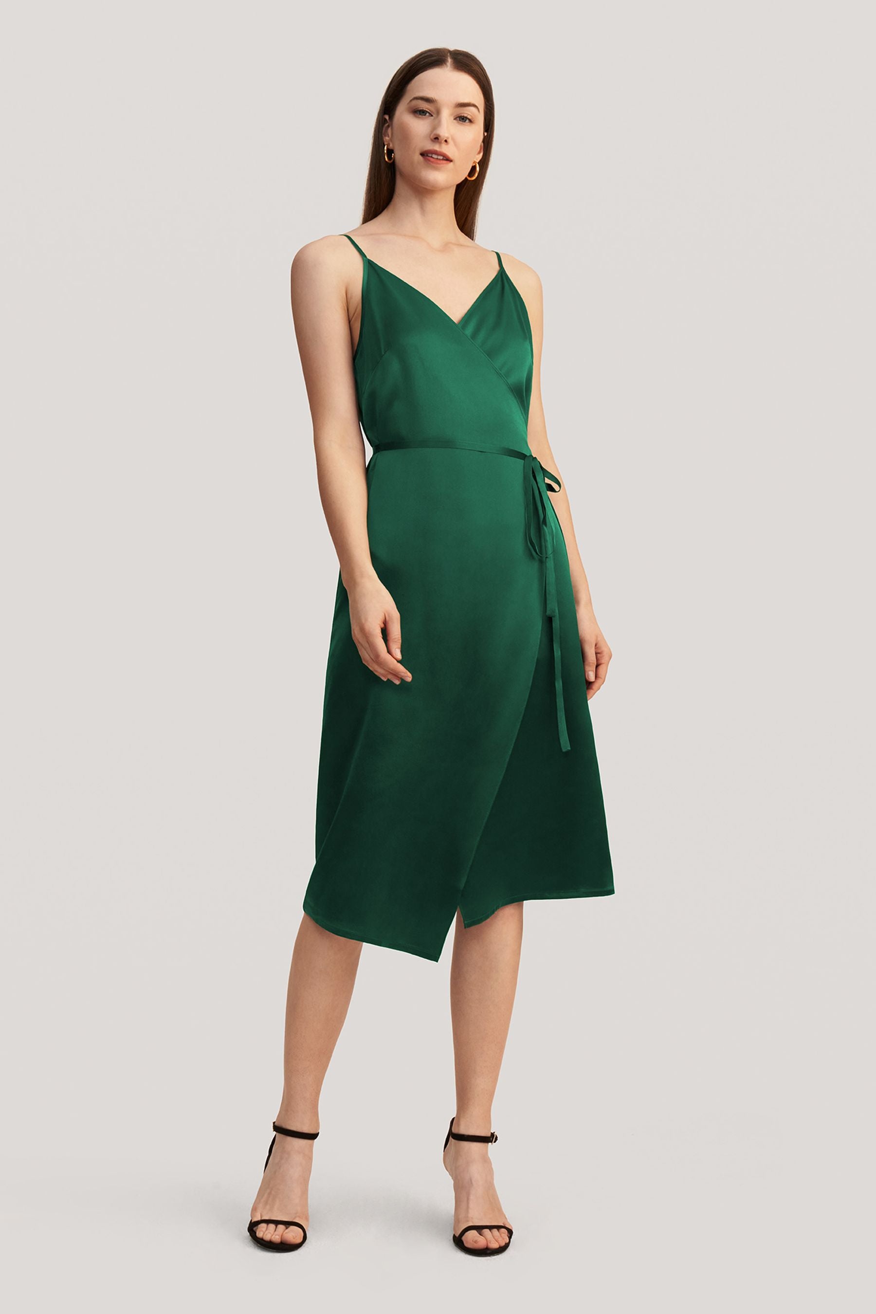 Elegant V-Neck Tie Waist Silk Evening Gown - Perfect for Formal Events, Weddings & Cocktail Parties