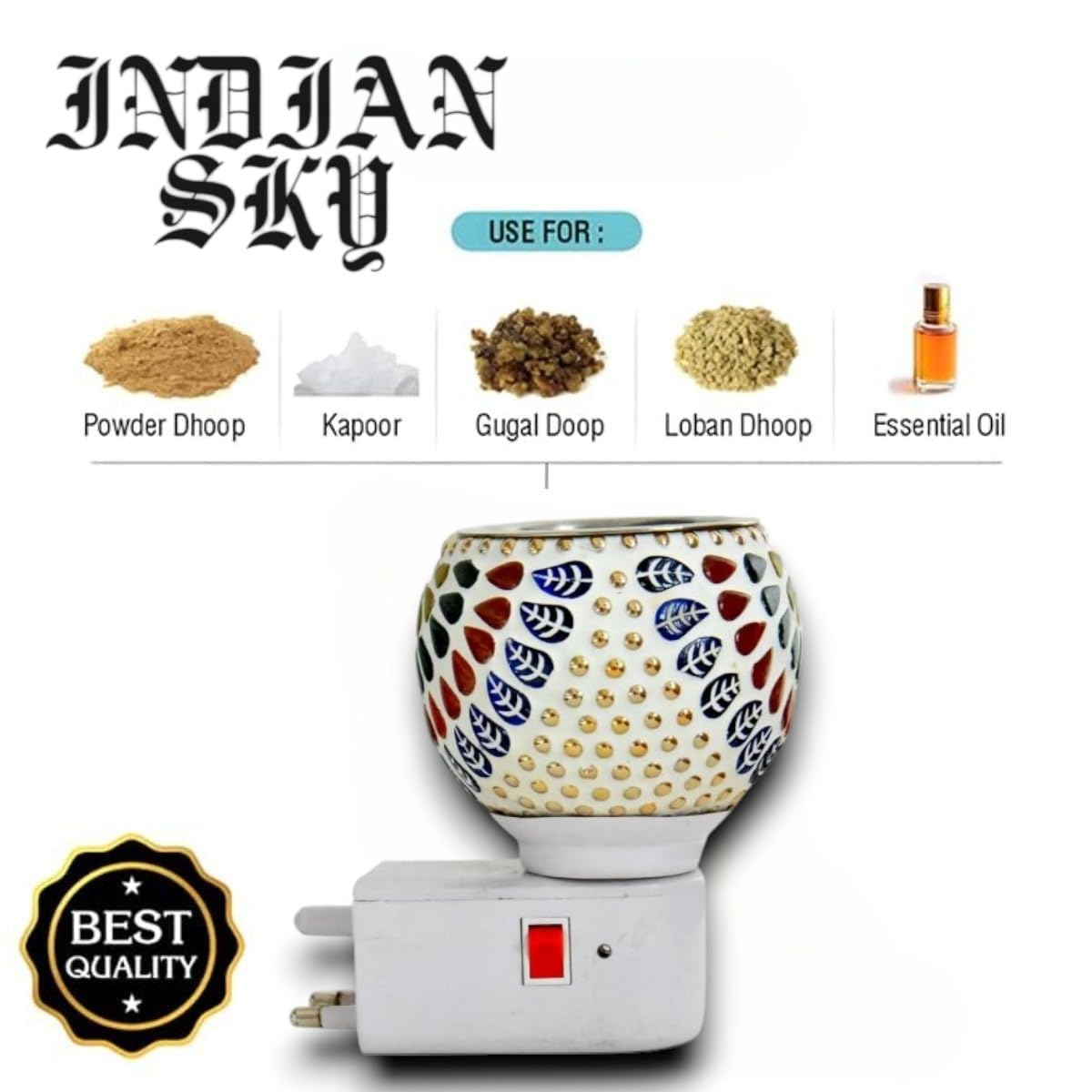 Indian Sky Pure Air Karpure Camphor Electric Diffuser - Ceramic Kapoor Dani with On/Off Switch & Night Light | Smoke-Free Aromatherapy for Home, Office, Yoga & Meditation | IS-M-13 MLTI Design