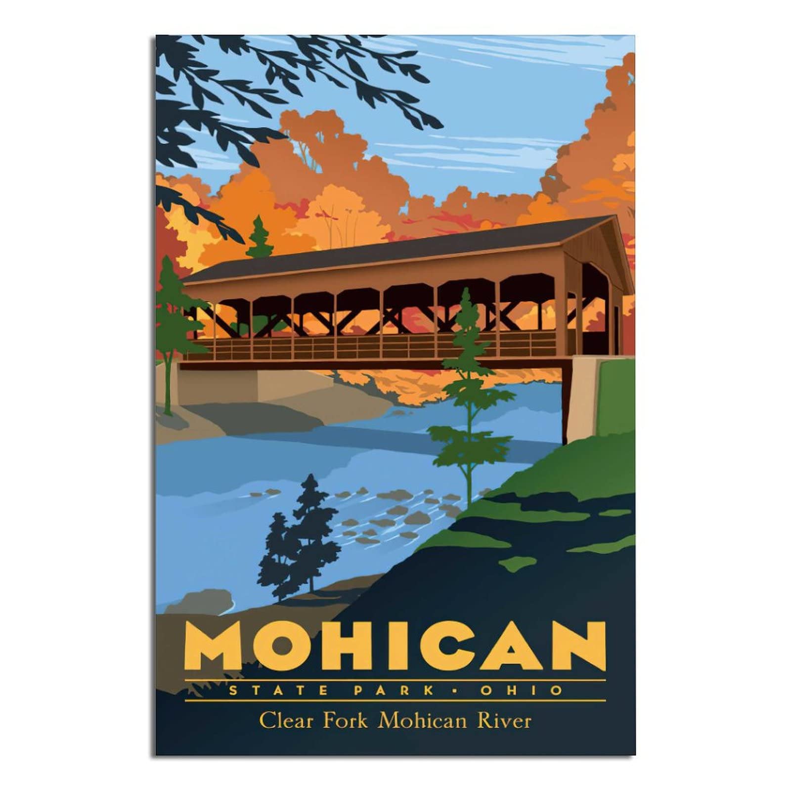 SGZEXU Mohican State Park Ohio Vintage Travel Posters - Bridge Pavilion Canvas Wall Art, Wall Decor Prints for Living Room, Bedroom & Office - 08x12inch (20x30cm) - Perfect for Rustic Home Decor, Travel Enthusiast Gifts & Cabin Wall Art