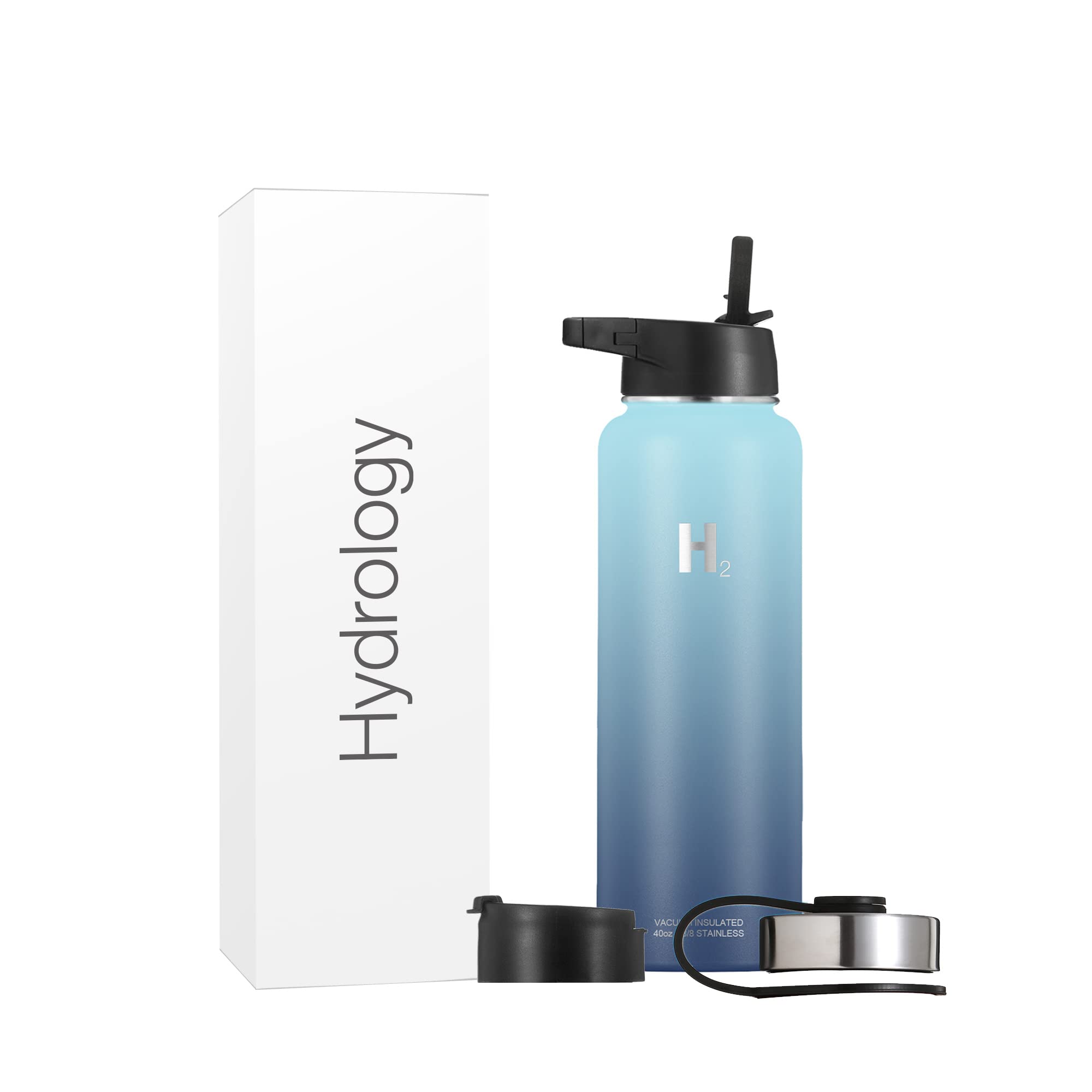Premium Stainless Steel Insulated Water Bottle 40oz - Double Wall Vacuum Insulation, 3 Lids & Straw - Large Metal Sports Bottle for Gym, Hiking & Outdoor Activities - Keeps Drinks Cold 24 Hours