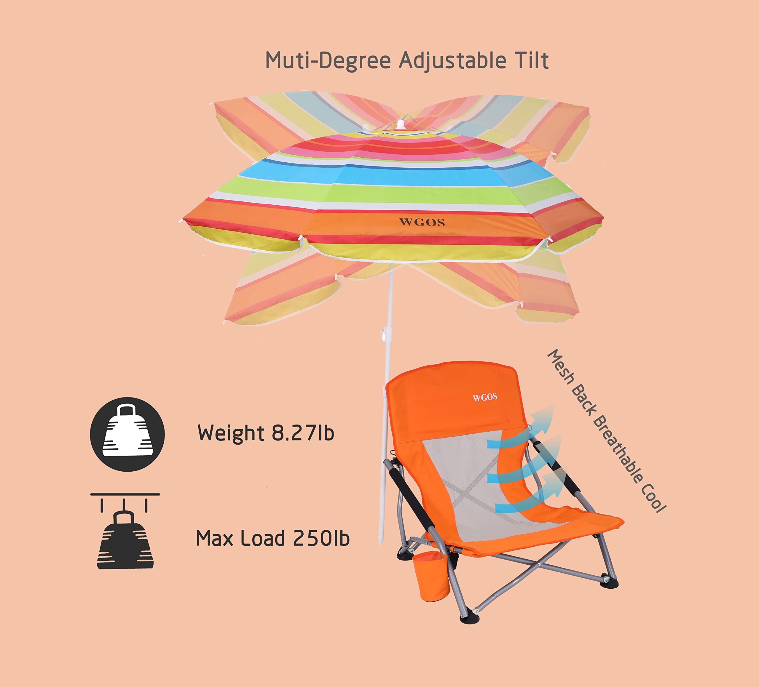 **Premium 2-Pack Orange Folding Beach Chairs with Umbrella - Portable Low Profile Beach Chairs for Adults, Camping & Outdoor Relaxation - Perfect for Sand, Poolside, Picnics & Travel**
