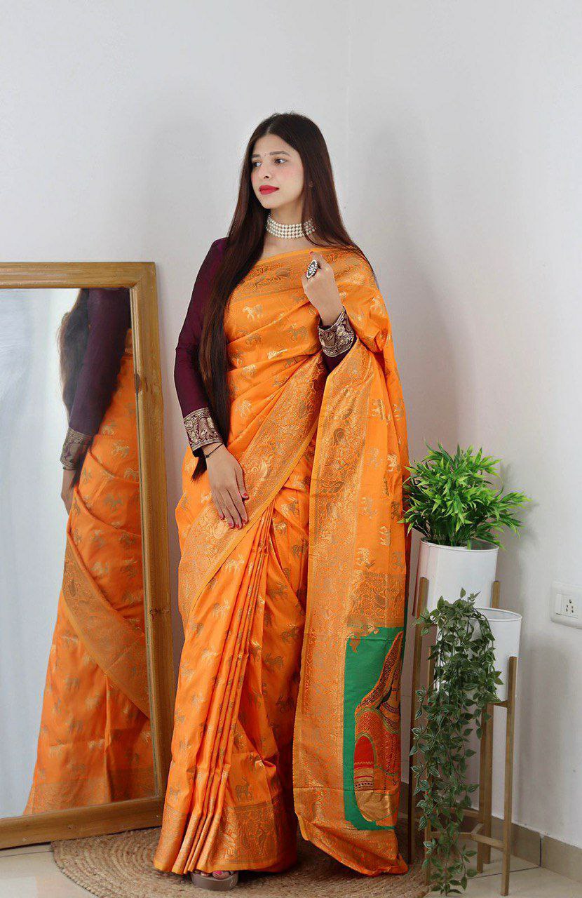 Premium Mango Green Banarasi Silk Saree for Women | Handwoven Indian Traditional Bridal Saree | Perfect for Weddings, Parties & Festive Occasions