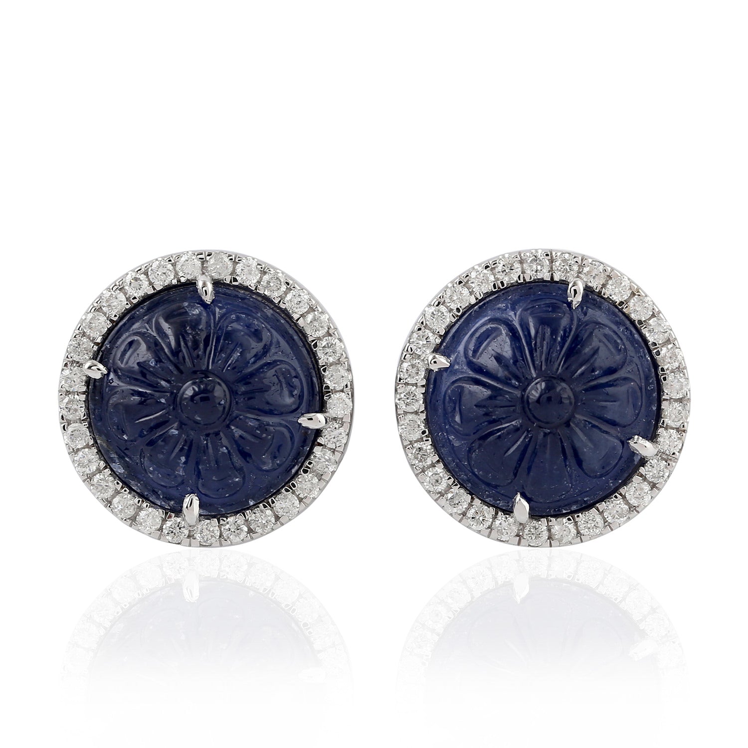 18K White Gold Blue Sapphire and Diamond Stud Earrings for Women | Elegant Pave Setting for Weddings, Parties & Special Occasions