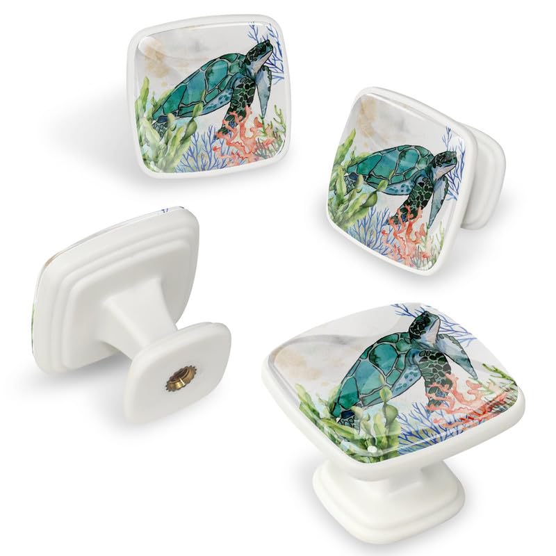 LORVIES 4 Pack Ocean Cabinet Knobs - ABS Glass Square White for Home & Kitchen (Sea Turtle) - Perfect for Dressers & Closets