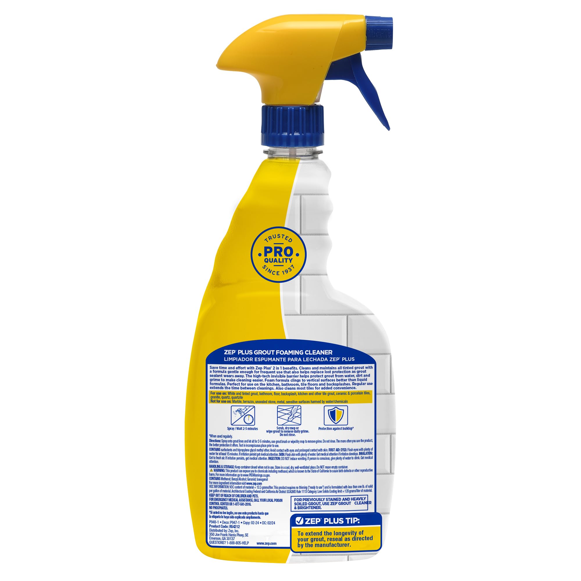 Zep Plus Grout Foaming Cleaner 32 Fl Oz - 2-in-1 Formula Cleans & Protects Tile Grout from Water, Dirt & Grime - Ideal for Bathroom, Kitchen & Shower Tiles