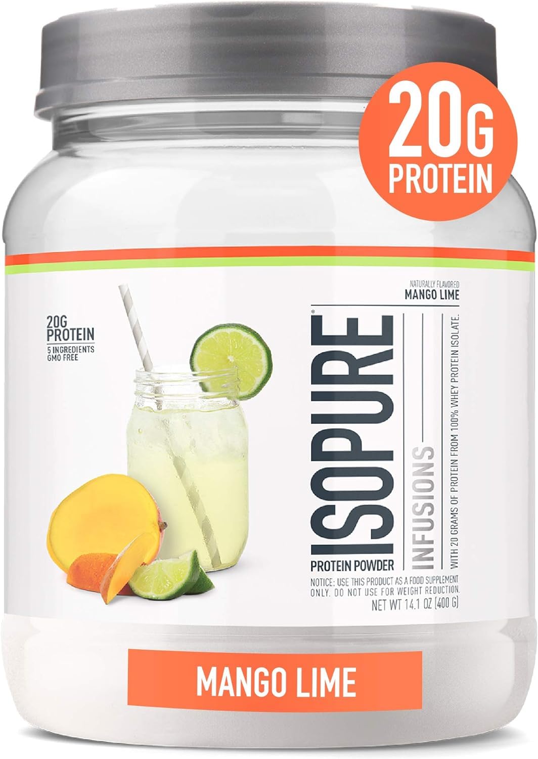 Isopure Clear Whey Isolate Protein Powder - Lactose Free, Gluten Free, Naturally Flavored Mango Lime - 20g Protein Per Serving - 14.1 Oz (16 Servings) | Post-Workout Recovery & Healthy Lifestyle Supplement