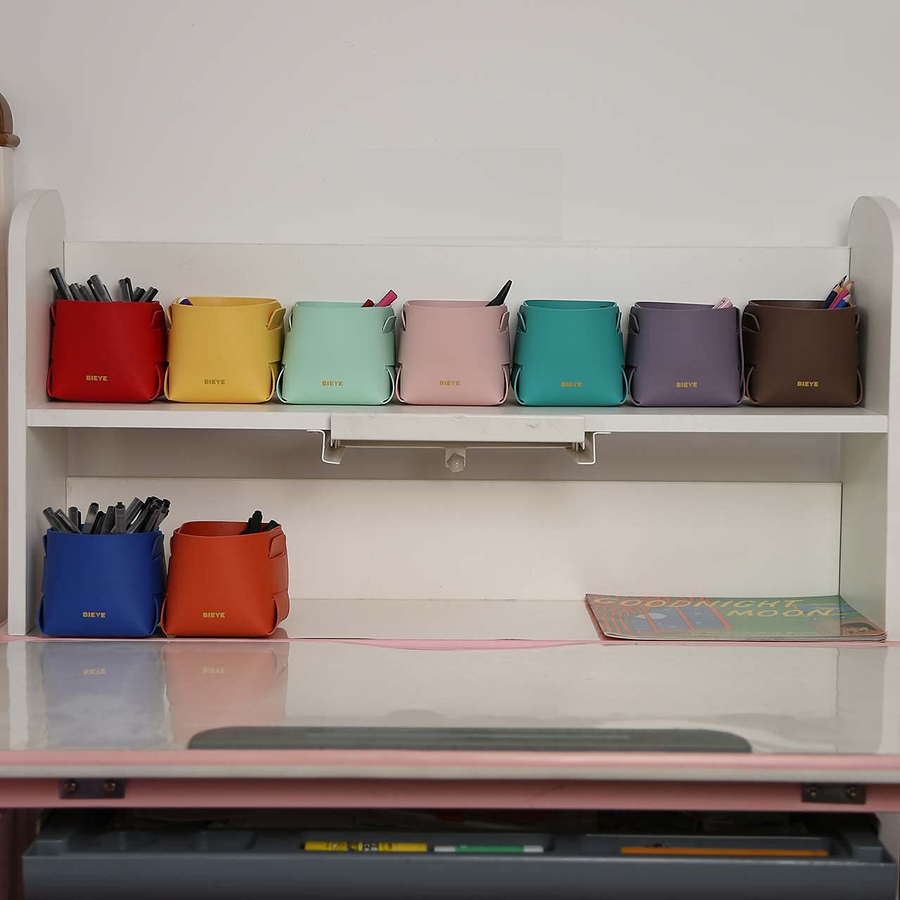 Bieye LSB001 Collapsible Leather Storage Bin - Pink Desk Organizer for Jewelry, Makeup, Pens, Pencils & Glasses - 4