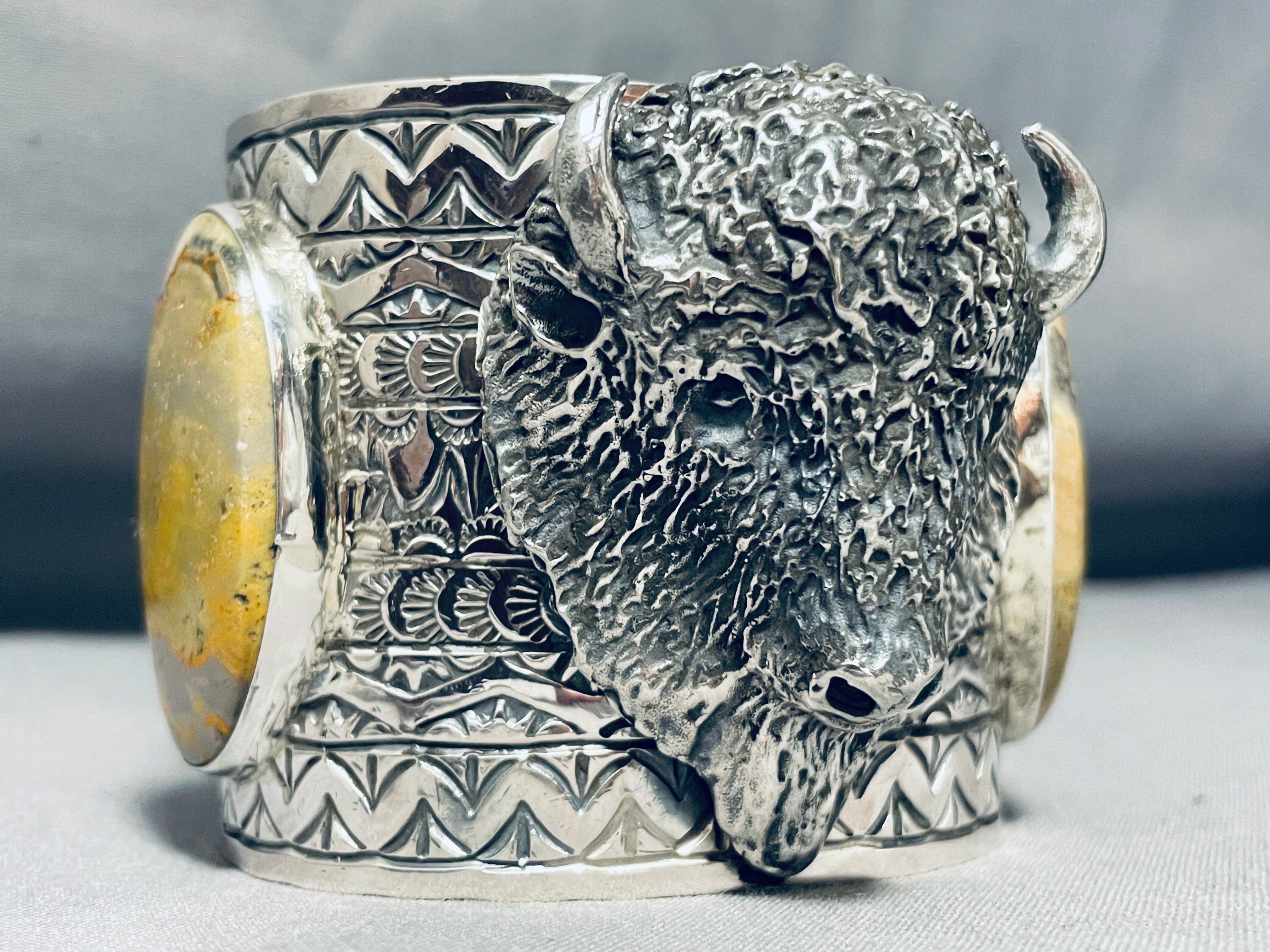 146 Grams Jasper Buffalo Native American Sterling Silver Cuff Bracelet - Handmade Tribal Jewelry for Women, Men, Gift Giving & Spiritual Healing