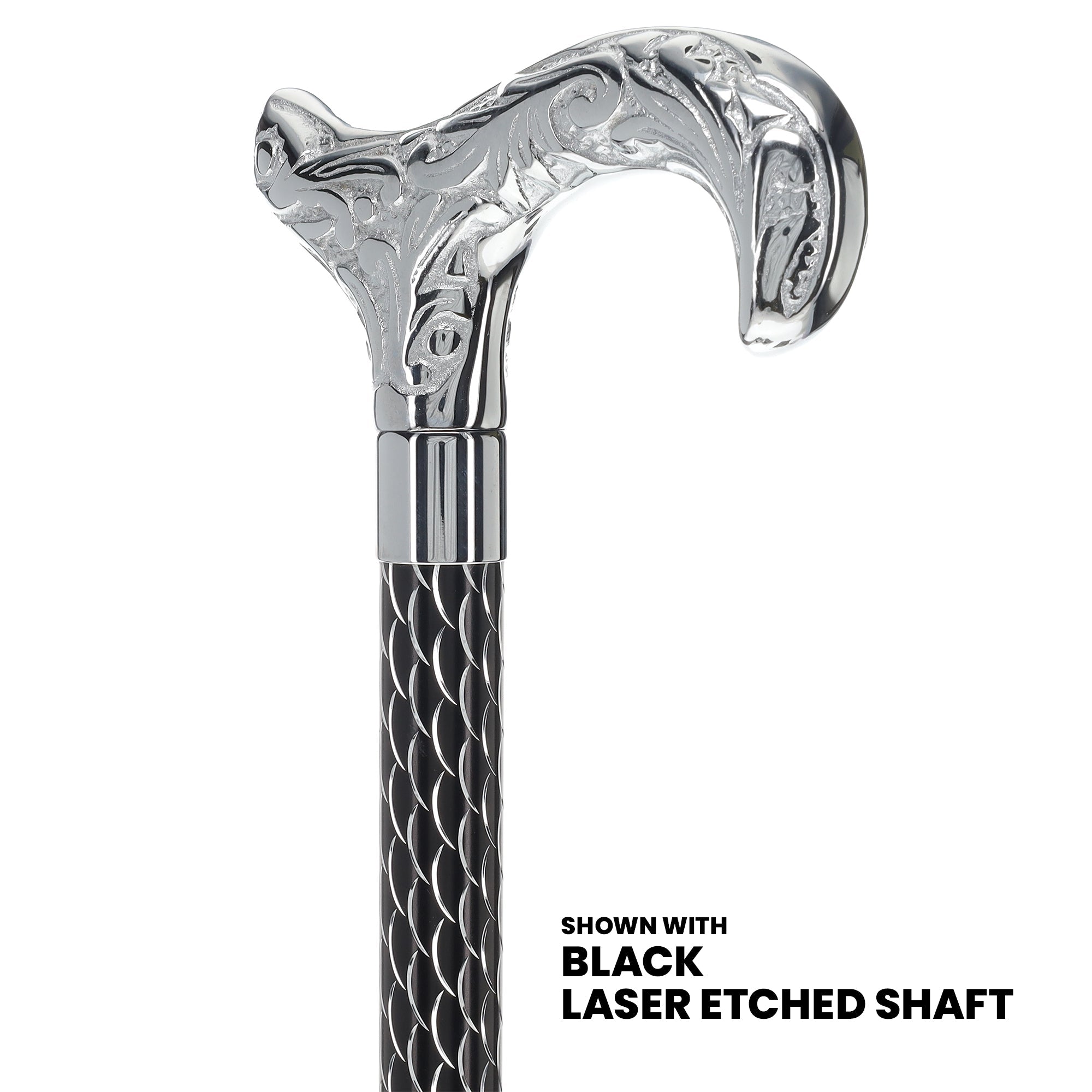 Premium Chrome Derby Handle Walking Cane with Black Laser Etched Shaft - V2147 - Scratch and Dent Discount - Ideal for Seniors, Mobility Support & Fashion Accessory