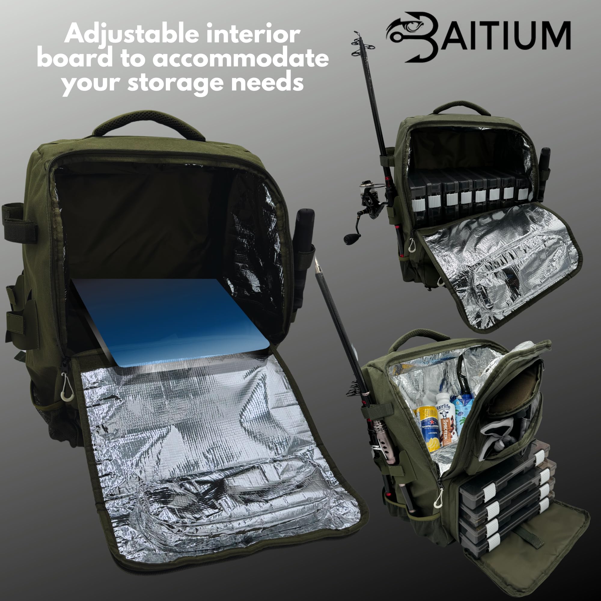 **Jet Black 40L Fishing Backpack with Rod Holders & Cooler – Waterproof Tackle Bag with Storage Trays – Perfect for Freshwater & Saltwater Fishing Trips**