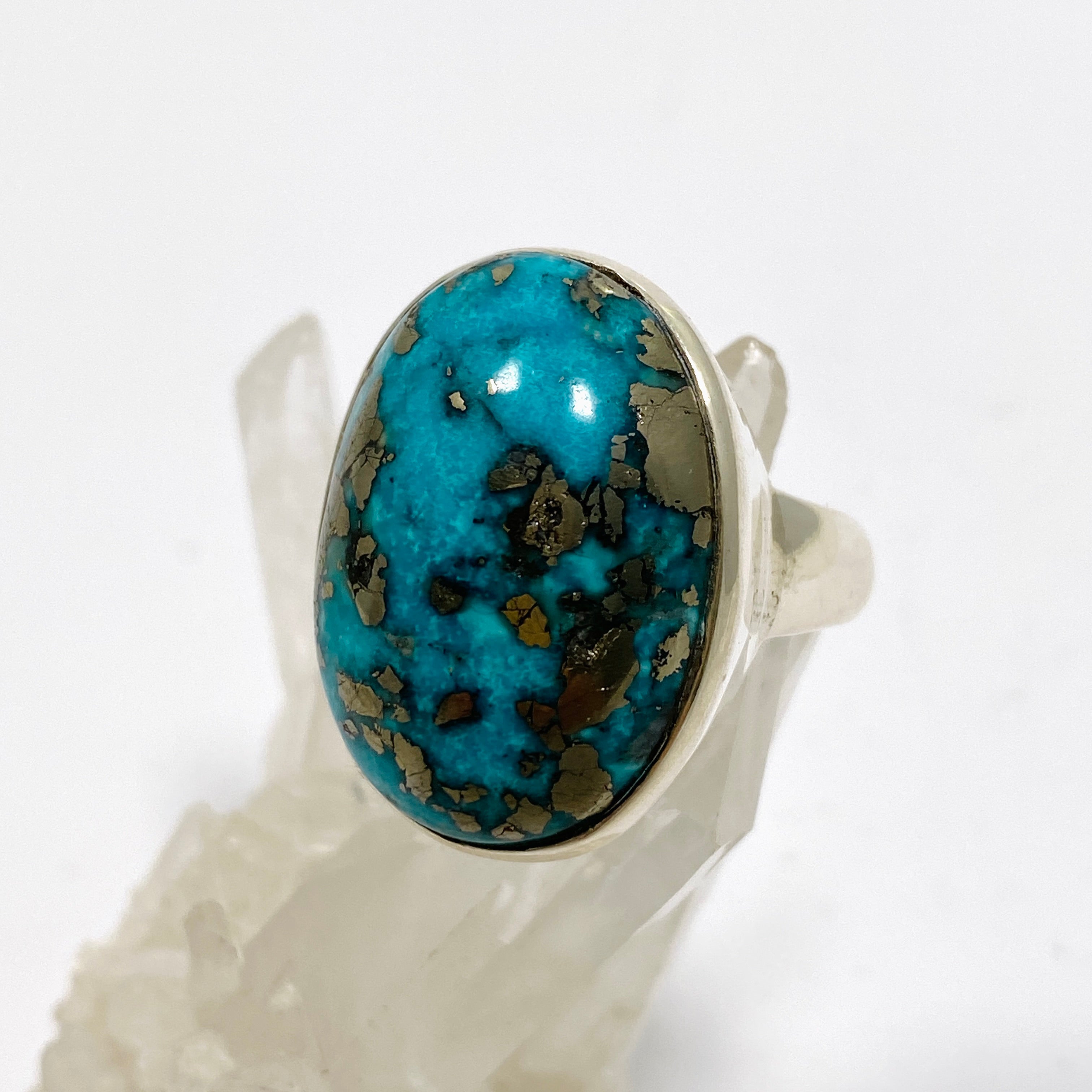 Natural Persian Turquoise with Pyrite Oval Cabochon Ring - Size 9 - Handmade Iranian Jewelry - Perfect for Boho Fashion & Gift Giving