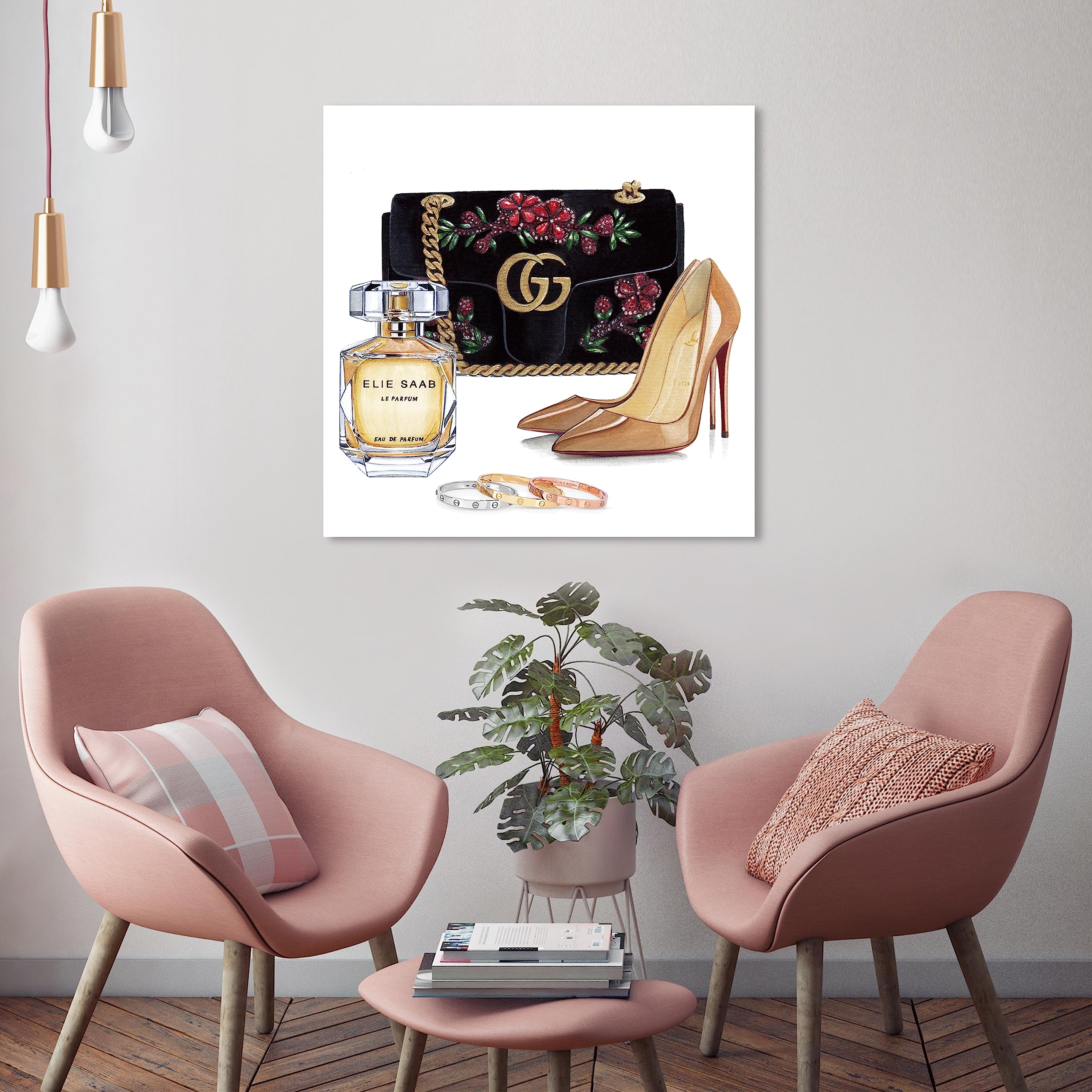 Oliver Gal Artist Co. 'Doll Memories - Perfume and Shoes' Fashion Wall Art Canvas Print - 24x24 Inch Black & Yellow Home Decor - Perfect for Living Room, Bedroom or Office Decoration