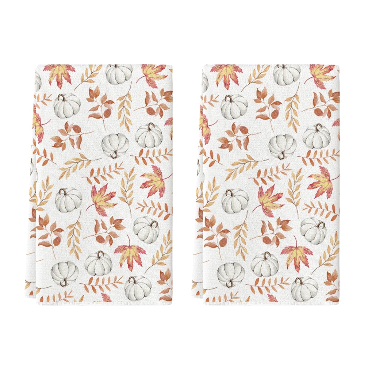 Farmhouse Orange Leaves Pumpkin Fall Kitchen Towels - Set of 2 Absorbent 18x26 Inch Dish Towels for Autumn Decor & Thanksgiving Hostess Gifts | Perfect for Seasonal Table Setting, Cozy Farmhouse Kitchen & Holiday Home Decor