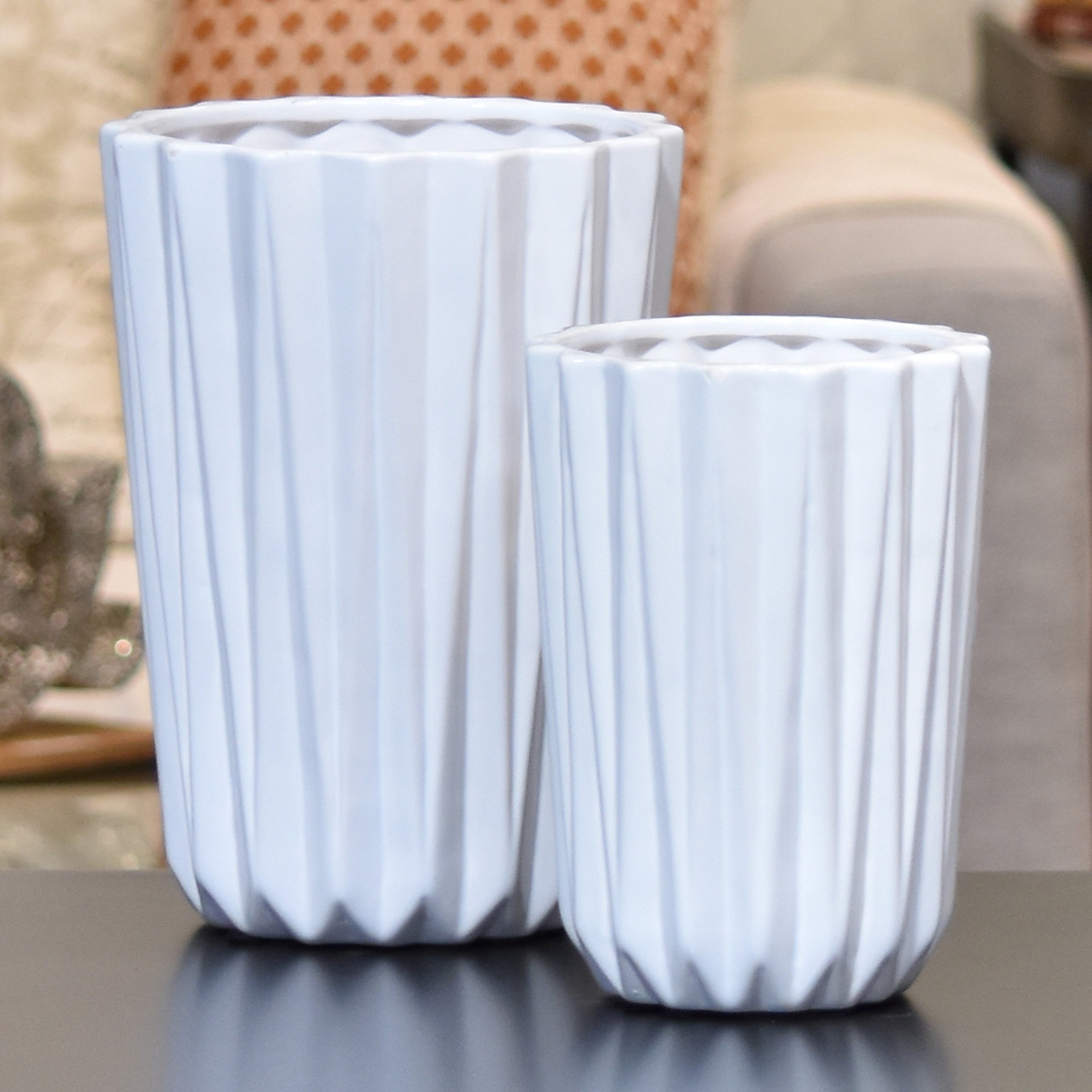 Gloss White Porcelain Tapered Flower Vase Set of 2 - Corrugated Texture for Home Decor, Wedding Centerpieces & Floral Arrangements