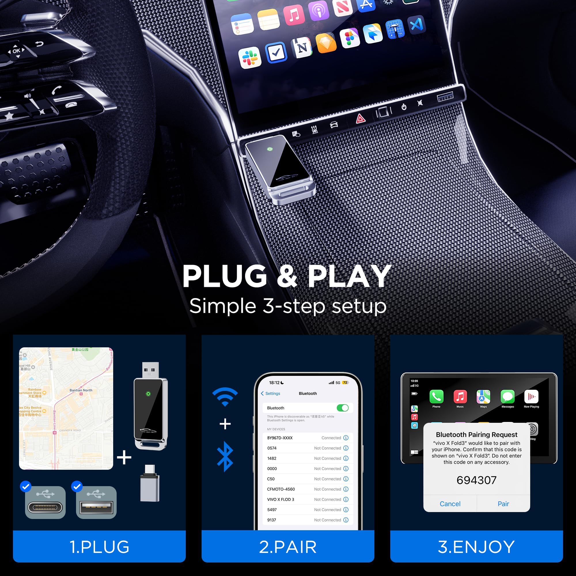 2024 Upgraded Wireless CarPlay Adapter - Plug & Play, Zero Latency for iPhone iOS 10+ | Bluetooth 2.4GHz & Dual-Band Wi-Fi (2.4/5.8GHz) | Easy Setup & Online Updates | Compatible with 2015+ Model Cars | Perfect for Commuting, Road Trips & Hands-Free Driving
