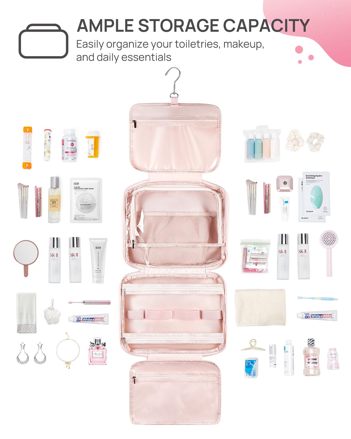 Telena Travel Toiletry Bag with Jewelry Organizer for Women - Waterproof Hanging Makeup Cosmetic Bag for Toiletries & Accessories - Perfect for Vacation, Business Trips & Gym Essentials Organization