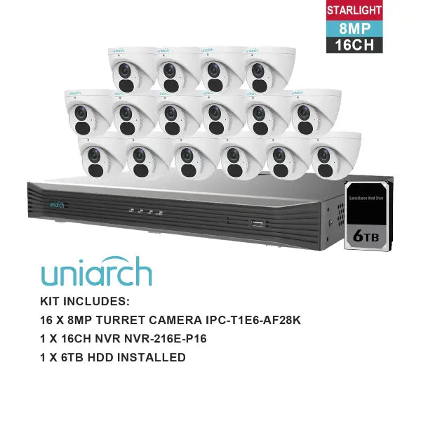 Uniarch 8MP 16 Channel CCTV Security Camera System with NVR - 4K Ultra HD Surveillance Kit for Home & Business Security (Model: K81616T)