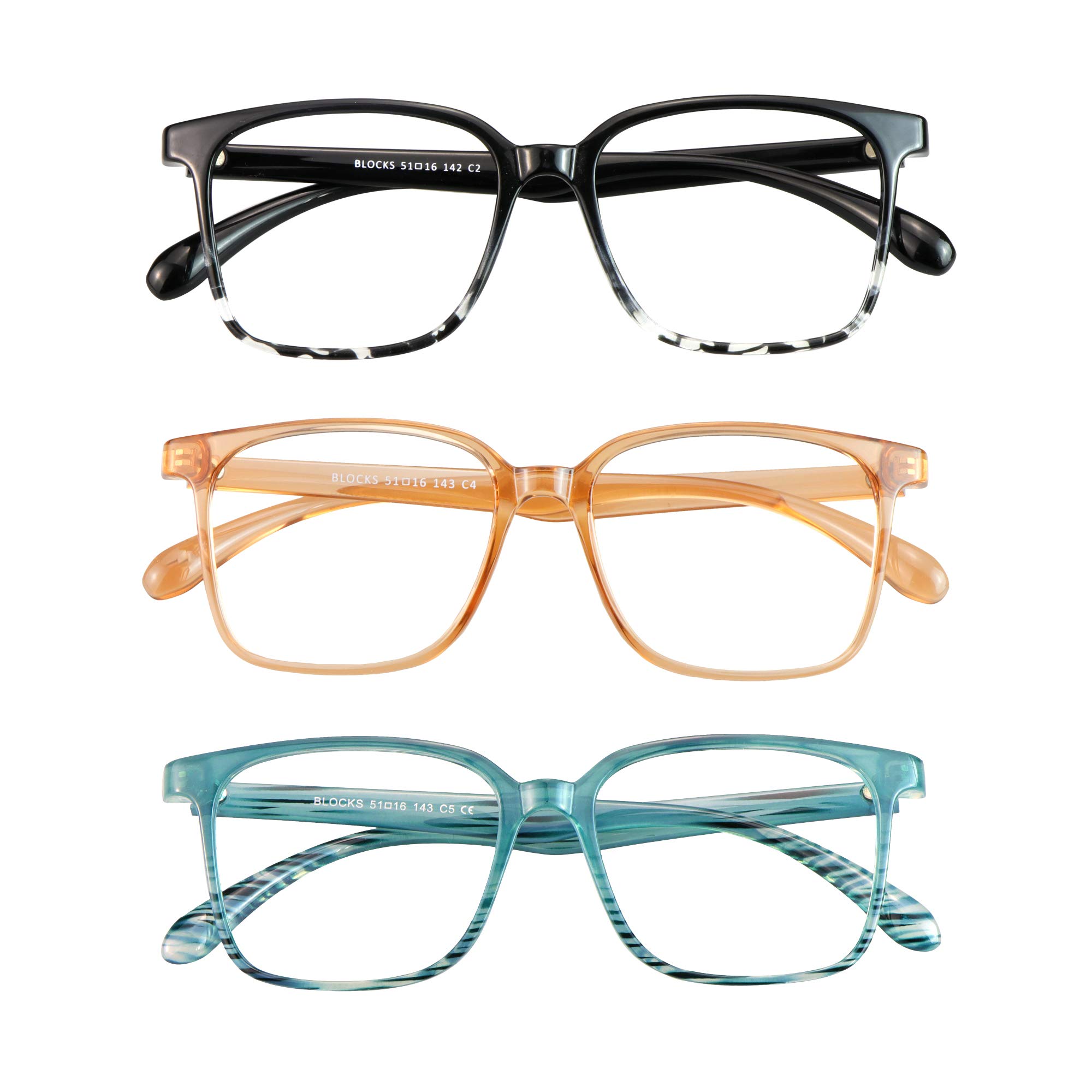 Blue Light Blocking Glasses 3 Pack - Square Frame Computer & Gaming Glasses for Men & Women - Anti Eyestrain, UV Protection - Perfect for Office Work, Online Classes & Nighttime Screen Use