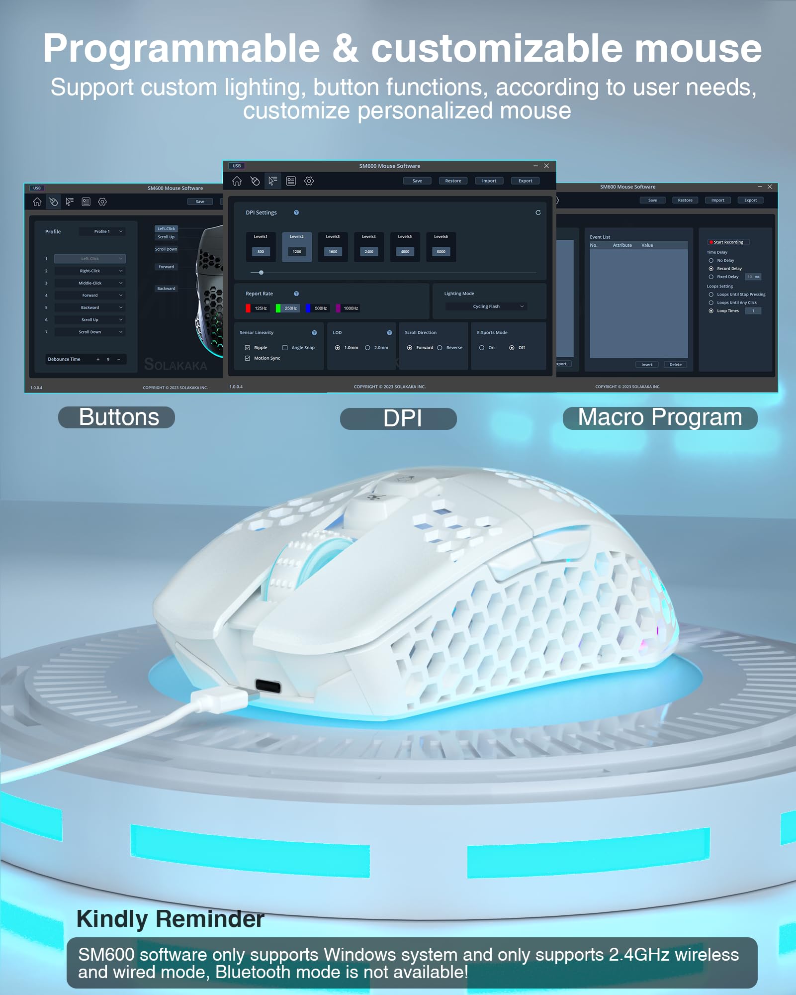 SM600 White Wireless Gaming Mouse - 8000 DPI, Tri-Mode (BT5.1/Type-C Wired/2.4G), 2 Programmable Side Buttons, RGB Lighting for PC/Laptop/Mac - Perfect for FPS, MOBA & MMO Gaming