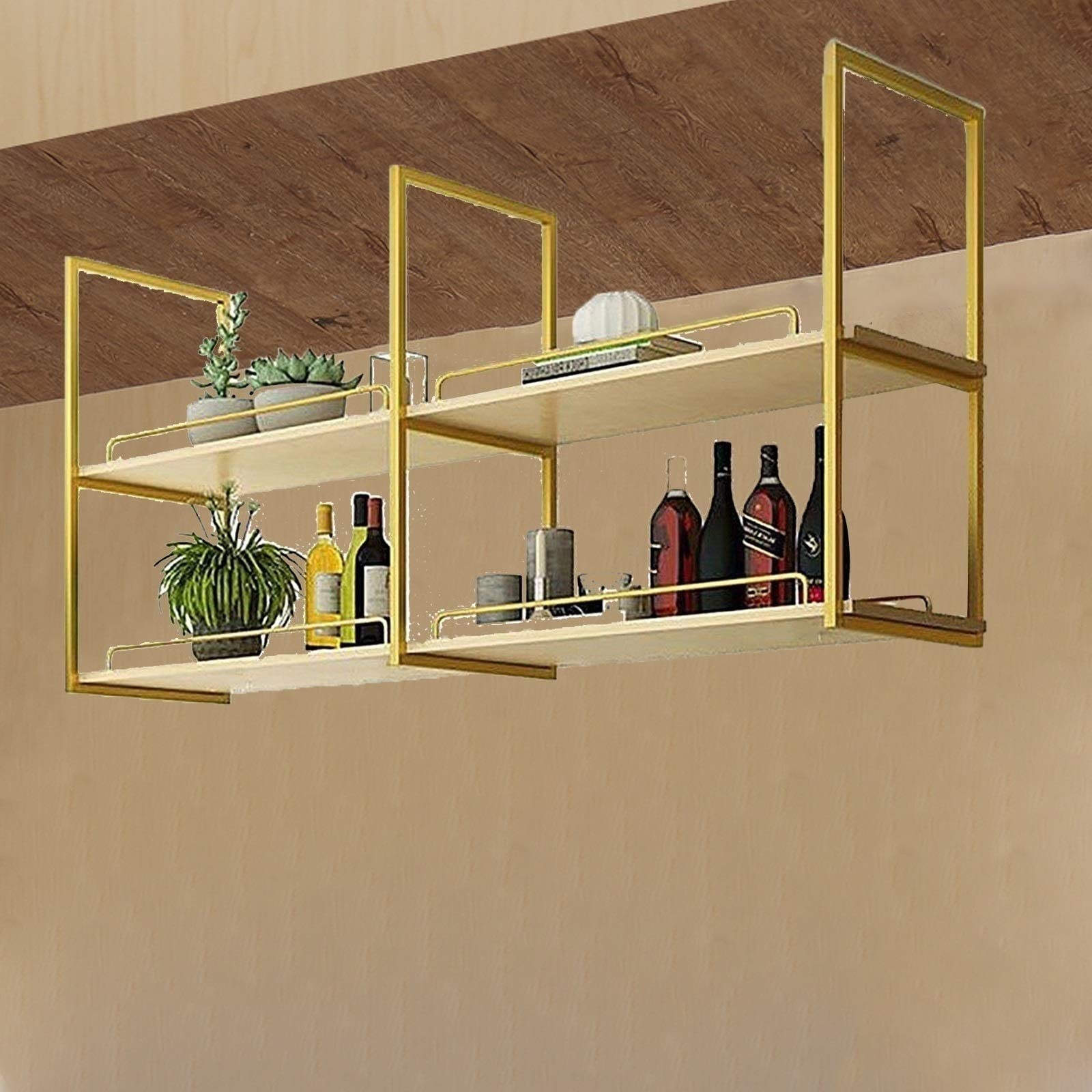 Industrial Floating Shelf Wine Rack - 2-Tier Ceiling Mount Wall Shelf, European Minimalist Hanging Display Stand for Kitchen, Bar & Home Decor | Perfect for Wine Storage, Spice Organization & Decorative Display
