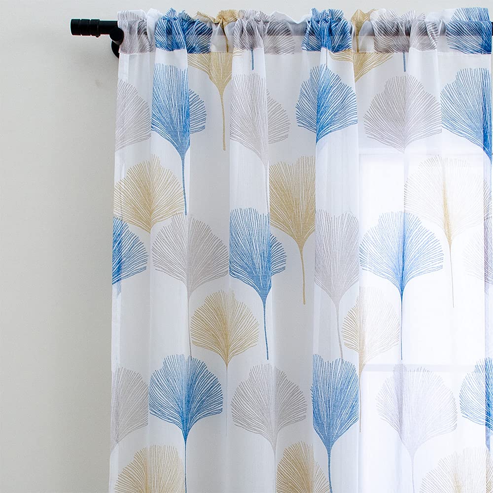 Linentalks Blue Leaf Sheer Curtains - Scandinavian Design Floral Pattern Window Drapes, 84 Inch Length Rod Pocket Curtains (Set of 2 Panels) for Living Room & Bedroom - Light Filtering Sheer Curtains Perfect for Home Decor, Privacy & Sun Protection