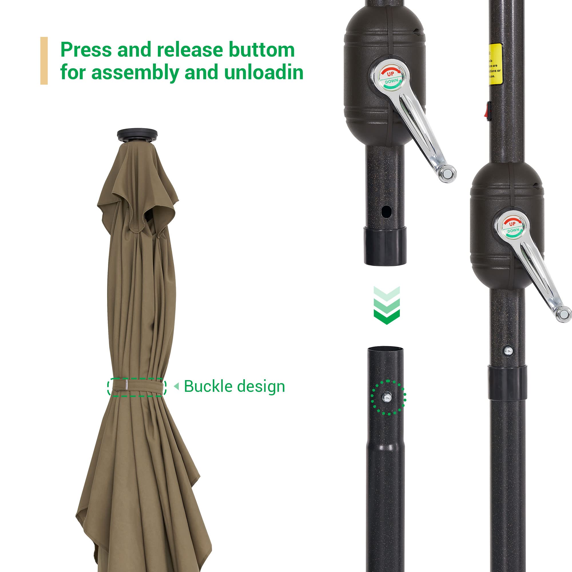10x6.5ft Rectangle Solar Patio Umbrella with LED Lights - Tilt & Crank Outdoor Market Umbrella, 6 Sturdy Ribs, UV Protection & Waterproof - Perfect for Garden, Deck, Backyard, Poolside Dining & Outdoor Relaxation