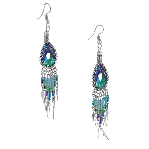 Handmade Stainless Steel Peruvian Turquoise Beaded Dangle Earrings with Green & Purple Silk Threads - Boho Chic Jewelry for Women, Perfect for Festivals & Special Occasions