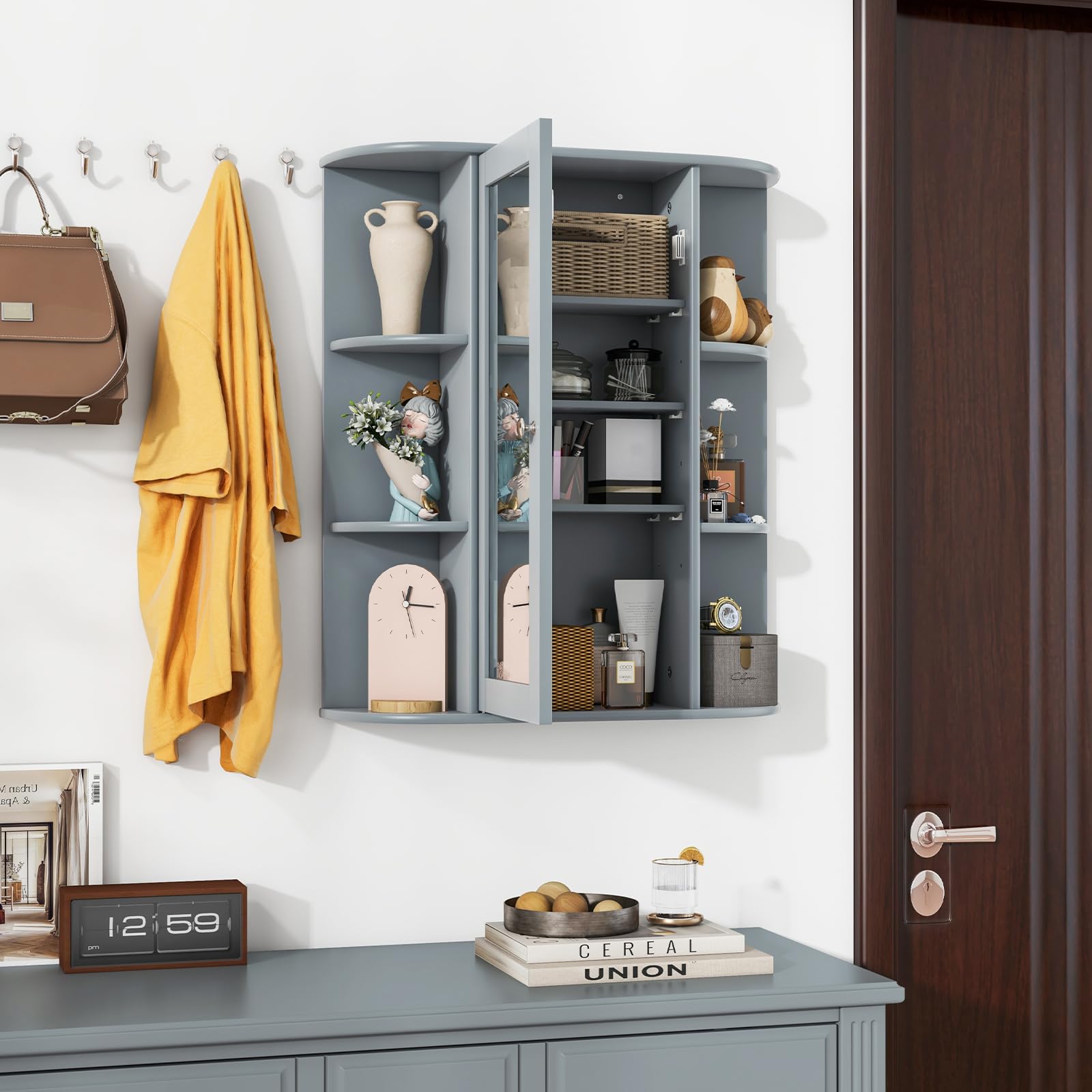 Tangkula Wall Mounted Bathroom Medicine Cabinet with Mirror Door - Adjustable Shelves, Removable Storage for Bathroom, Living Room & Laundry Room - Space Saving Grey Wooden Cabinet (Perfect for Small Spaces & Organized Storage)