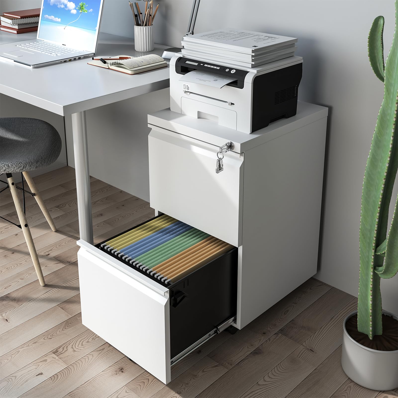 2 Drawer Mobile File Cabinet - Metal Under Desk Rolling Storage with Lock & Wheels, Fully Assembled Home Office Organizer for Legal/Letter Hanging Folders (White) - Perfect for Small Spaces & Office Organization
