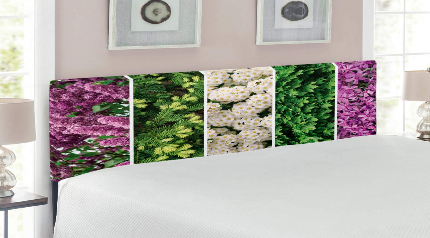 Ambesonne Floral Upholstered Headboard King Size - Romantic Collage of Diverse Herbs & Blooming Flowers, Wedding Bedroom Decor with Memory Foam, Green Violet | Perfect for Master Bedrooms & Guest Rooms