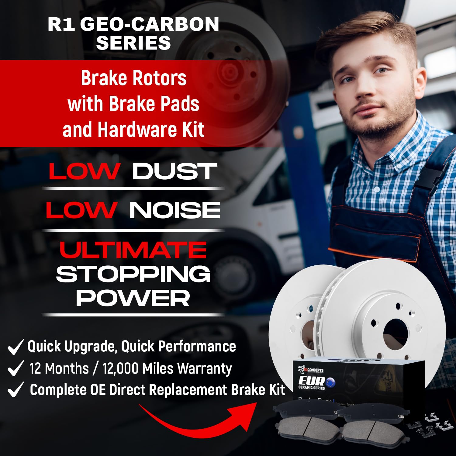 R1 Concepts Rear Brake Pads and Rotors Kit - Euro Ceramic Brake Pads & Rotors with Hardware Kit WDTH1-74026 | Perfect for Sedans, SUVs & Performance Vehicles | Smooth Stopping Power & Long-Lasting Durability
