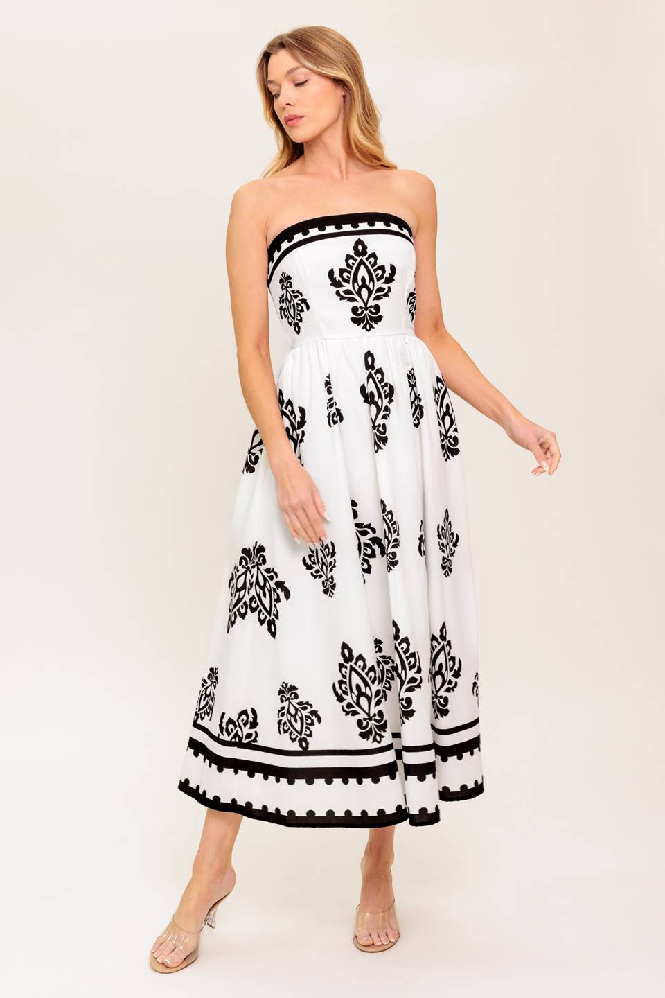 CAFE IN PARIS Strapless Midi Dress - Ivory & Black Floral Print Summer Dress for Beach Wedding, Vacation & Date Night