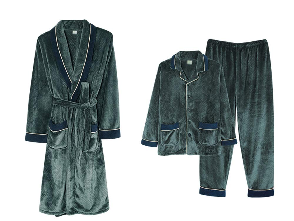JSJYP Men's Plus Size Coral Velvet Pajama Set - 3 Piece Long Sleeve Bathrobe & Thick Morning Gown (Sizes M-3XL) - Cozy Lounge Wear for Home, Spa & Winter Relaxation