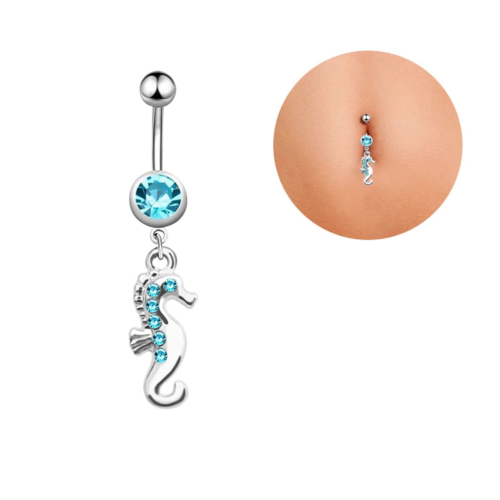 316L Stainless Steel Jeweled Seahorse Belly Button Ring - Silver Plated Navel Piercing Jewelry for Women | Perfect for Beach Parties, Summer Outfits & Body Piercing Lovers