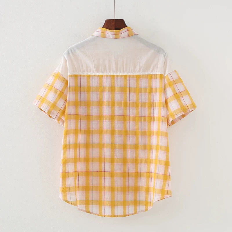 Stylish Women's Plaid Shirt - Summer Short Sleeve Thin Button Down Top for Casual Outings & Beach Cover Ups