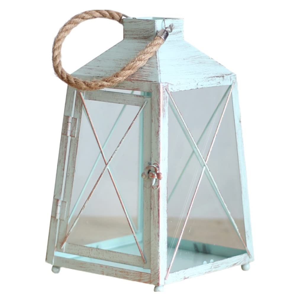 Vintage Wrought Iron Glass Lantern Candle Holder - Blue 19.5x32cm for Romantic Dining Table Decor, Wedding Centerpiece & Outdoor Landscaping - Elegant Retro Home Decoration