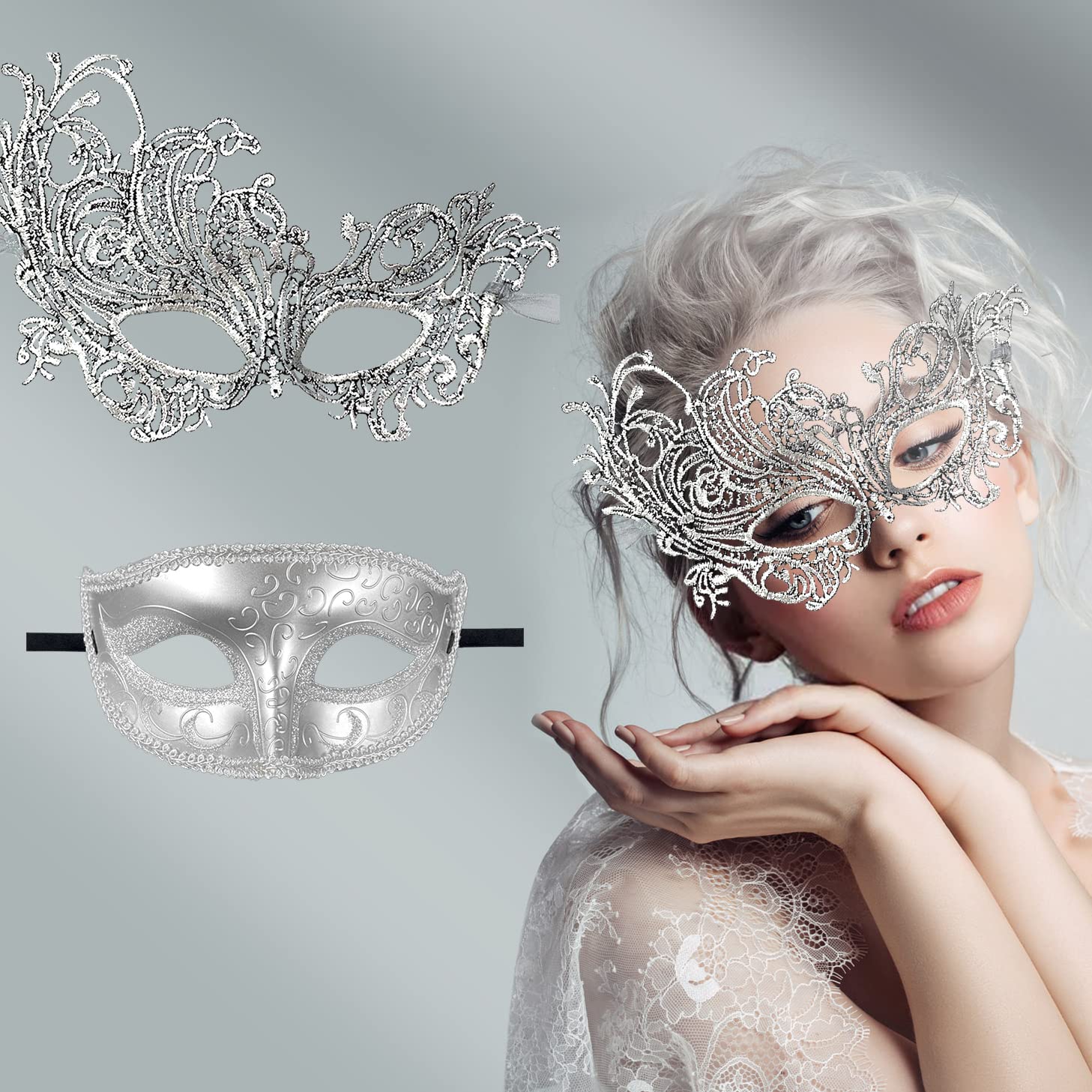 Venetian Masquerade Mask Set for Couples - Halloween & Mardi Gras Costume Accessories