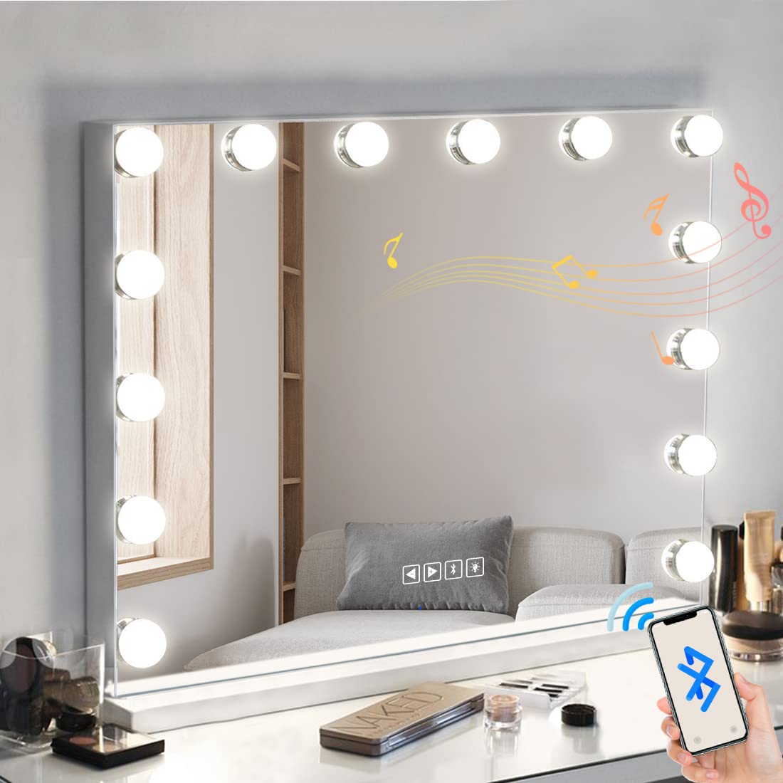 Hollywood Makeup Mirror with Lights - 3 Color Lighting Modes, USB Charging Port & Bluetooth, Tabletop or Wall Mount Vanity Mirror for Makeup, Skincare, and Dressing Room (Hansong)