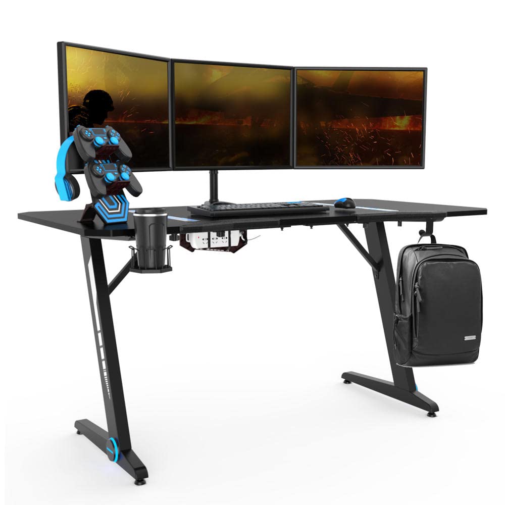 60 Inch Large Gaming Desk with LED Lights - Heavy Duty Z-Shaped Computer Desk for Office & Esports | Includes Headphone Holder, Cup Holder, Power Strip Mount & Controller Storage | Perfect for PC Gaming Setup, Streaming Station & Home Office Workspace