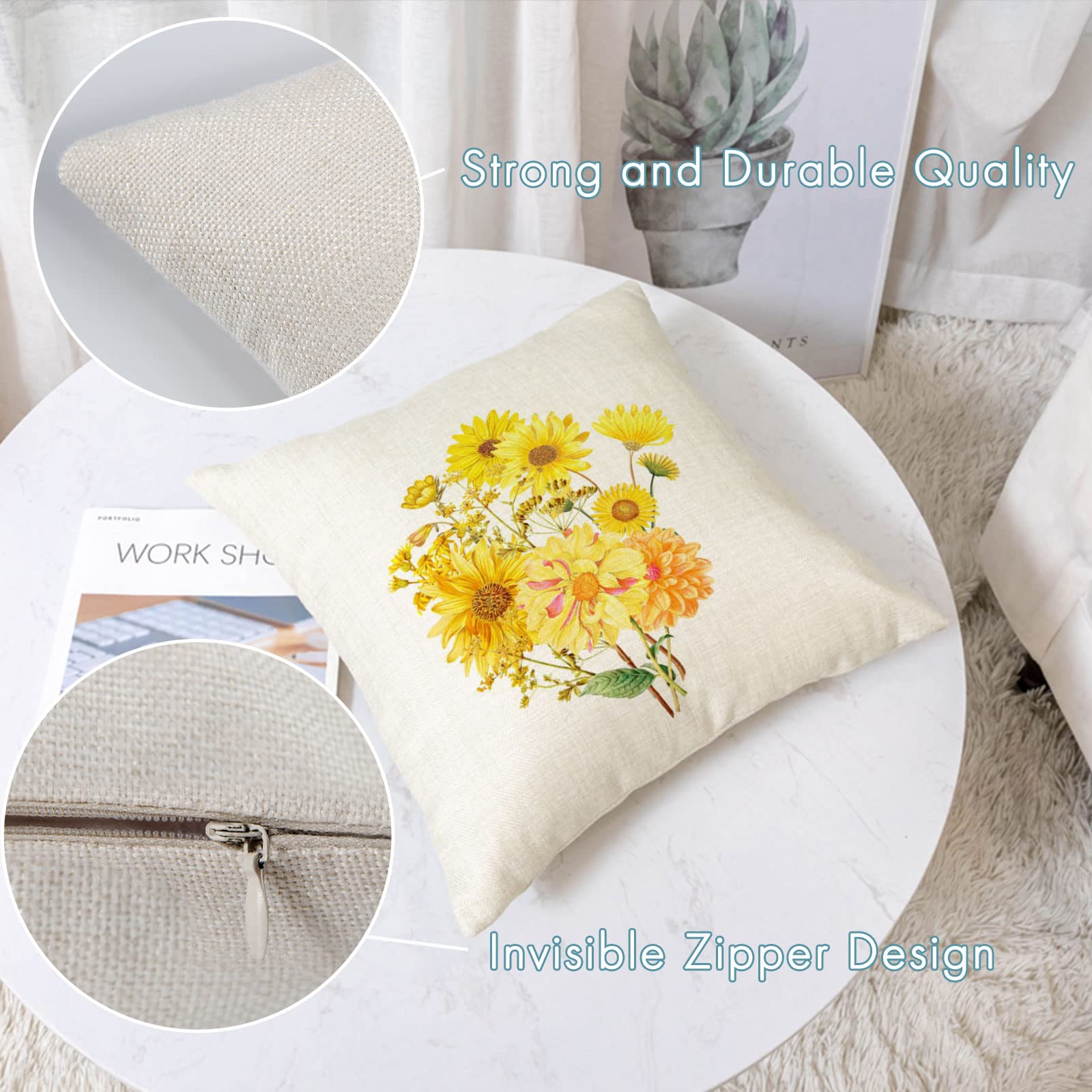 YeeJu Set of 4 Sunflower Decorative Throw Pillow Covers - 20x20 Inch Square Cotton Linen Floral Cushion Covers for Sofa, Couch & Outdoor Furniture - Perfect for Living Room, Patio and Summer Home Decor