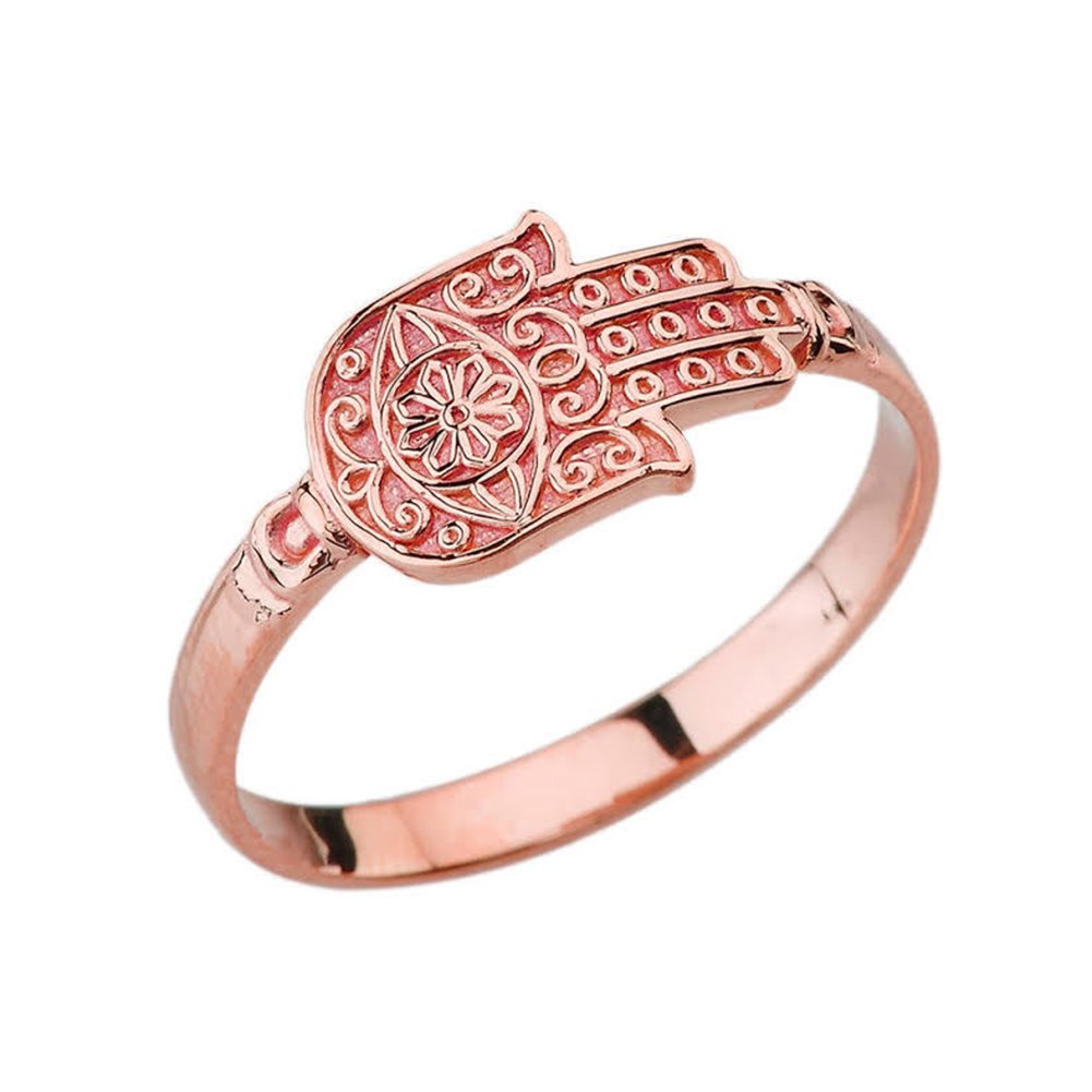 14K Rose Gold Evil Eye Hamsa Hand Ring for Women - Elegant Spiritual Protection Jewelry for Everyday Wear & Gift Giving
