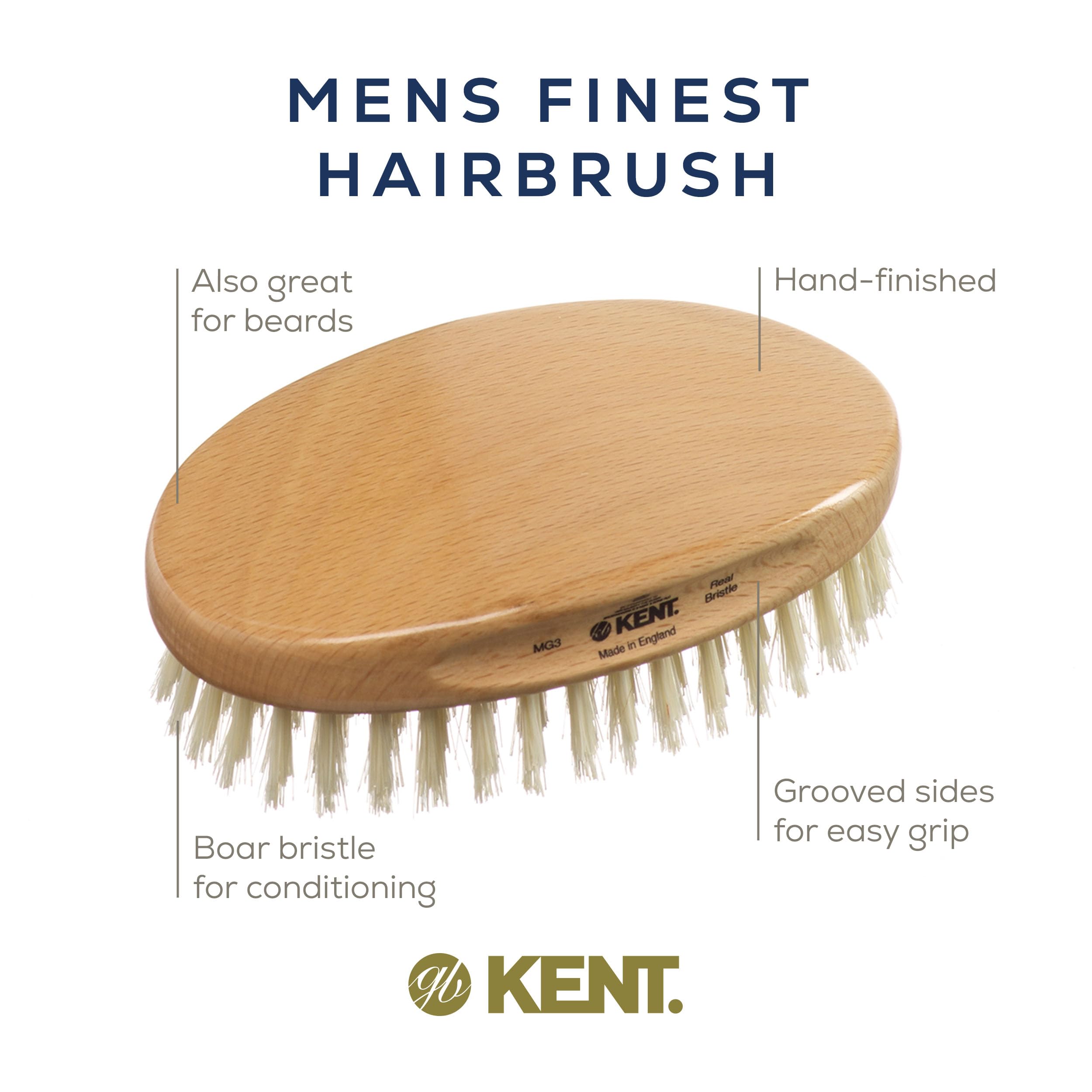 Kent MG3 Finest Men's Hair & Beard Brush – Natural White Boar Bristle for Grooming, Scalp Massage, 360 Waves & Styling | Perfect for Daily Hair Care, Beard Maintenance & Relaxing Scalp Treatment at Home
