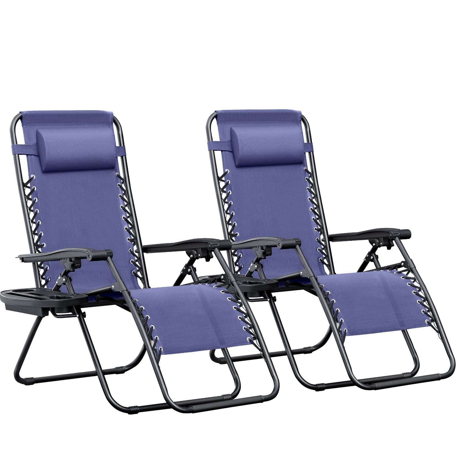 Greesum Zero Gravity Lounge Chairs Set of 2 - Adjustable Steel Mesh Recliners for Outdoor Relaxation, Beach, Deck, Lawn, Camping & Patio - Foldable with Cup Holder, Side Trays & Pillows - Blue - Perfect for Backyard Lounging, Poolside Relaxation and Outdoor Adventures