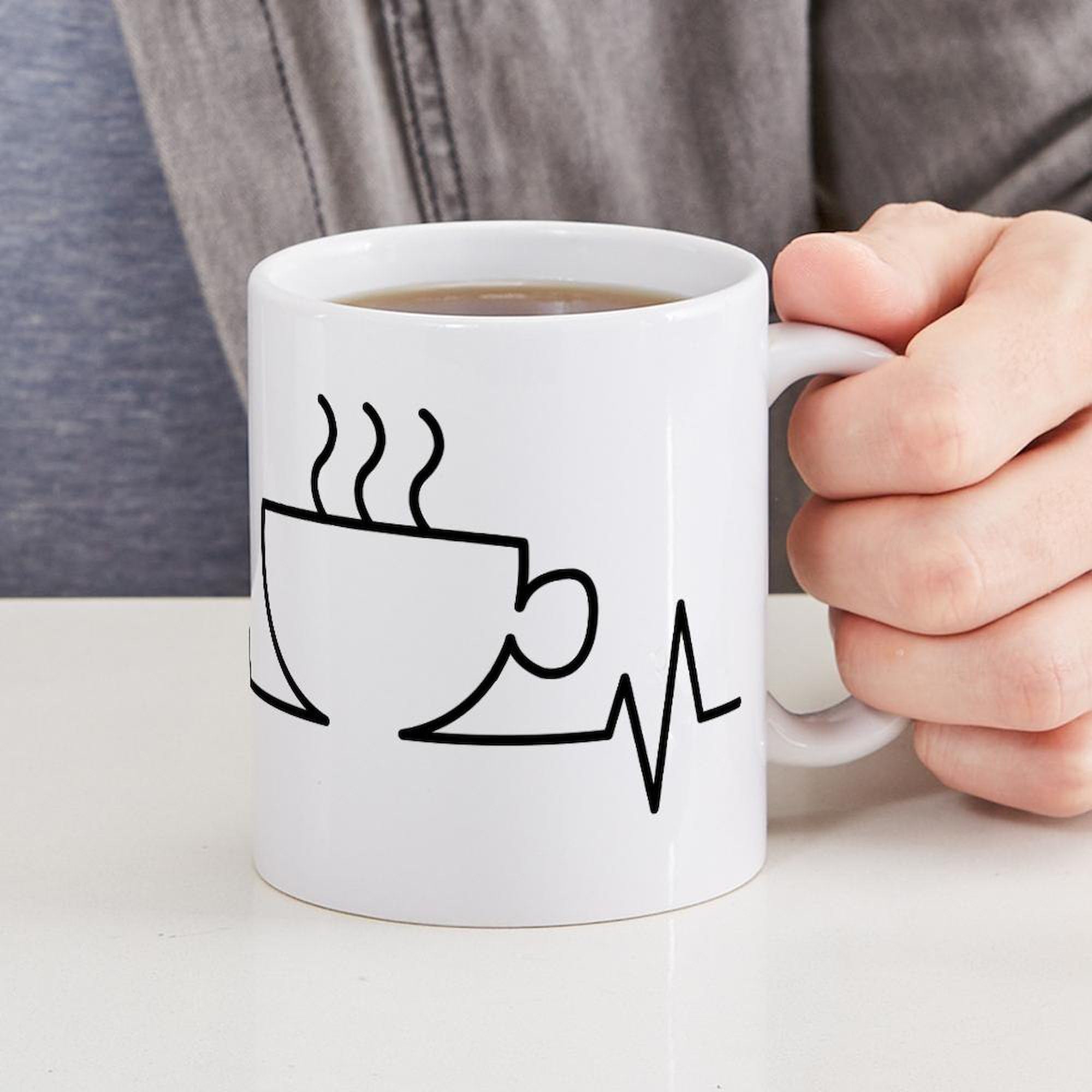 CafePress Coffee Heartbeat 11 oz (325 ml) Ceramic Coffee Mug - Perfect for Home, Office & Gifts - Heartbeat Design for Coffee Lovers